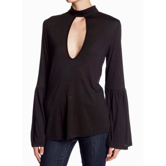 NWT Haute Hippie Key Hole Bell Sleeve‎ Top Blouse Size XS Black Mock Neck Boho - Picture 2 of 7